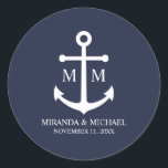 Sticker Rond Nautical Navy Blue Anchor Wedding<br><div class="desc">Add a stylish touch to your nautical wedding with this classic navy blue anchor wedding favor gift tag. Designed with a white anchor illustration, it features personalized bride and groom monogram, name, and wedding date in a white serif font on a navy blue background. Perfect for nautical weddings, beach weddings...</div>