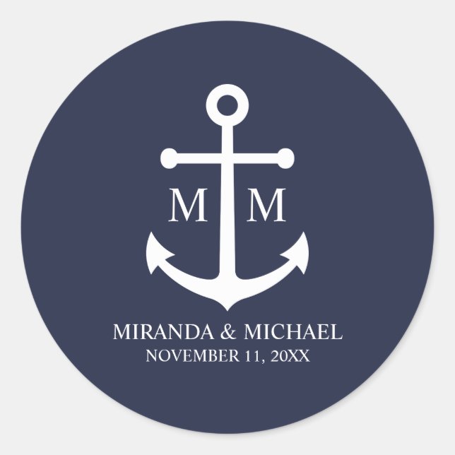 Sticker Rond Nautical Navy Blue Anchor Wedding (Devant)
