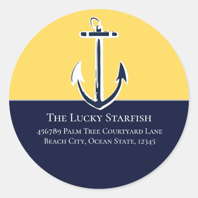 Sticker Rond Nautical Navy Mustard Yellow Ancre maison de plage (Devant)