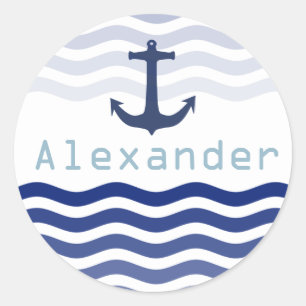 Sticker Rond Nautical Navy Waves and Ancre Nom personnalisé