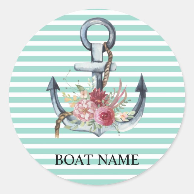 Sticker Rond Nautique, Fleurs d'ancre Rayures Vert Menthe (Devant)