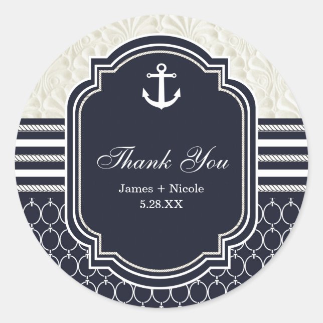 Sticker Rond Nautique Marine & White Elegant Beach Mariage (Devant)