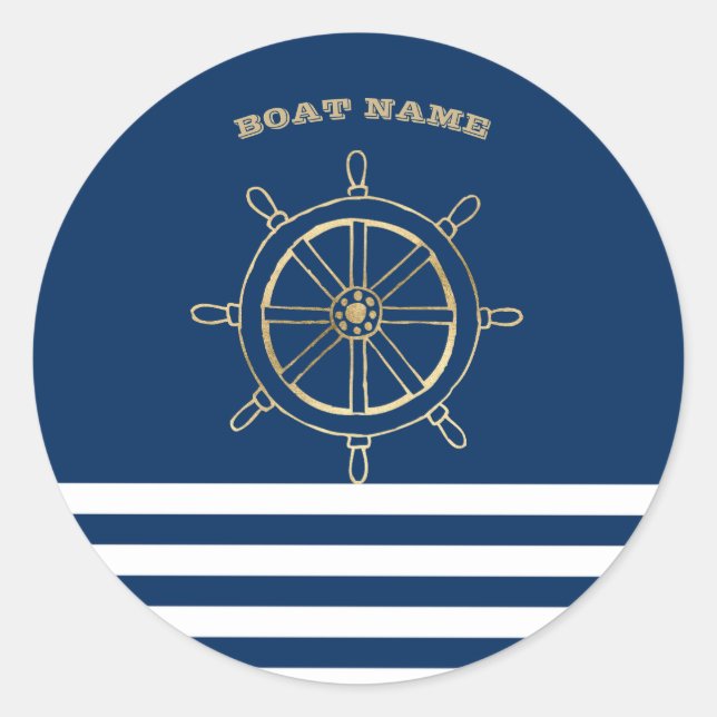 Sticker Rond Nautique, Roue de bateau dorée, Rayures bleu marin (Devant)