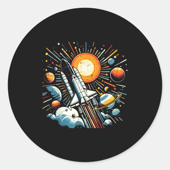 Sticker Rond Navette spatiale Soleil Planètes Fusée Galaxie Gar (Devant)