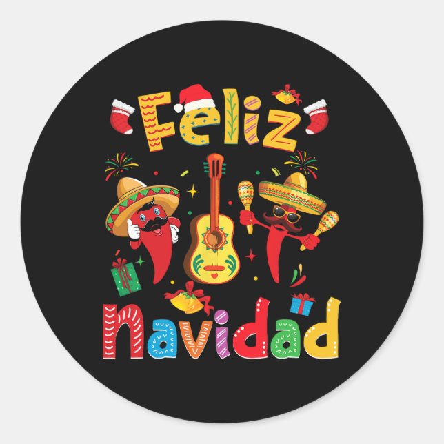 Sticker Rond Navidad Mexican Fiesta Hot Pepper Guitare Partie N (Devant)