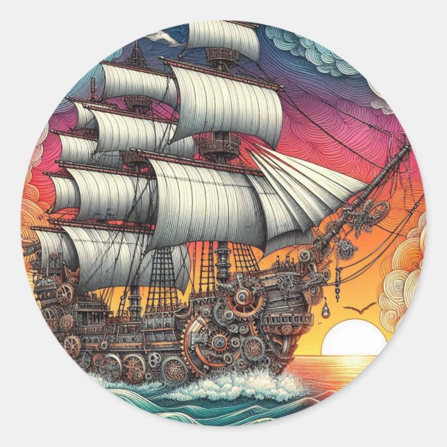 STICKER ROND NAVIRE À VOILES STEAMPUNK COUCHER DE SOLEIL (Devant)