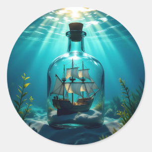 Sticker Rond Navire dans une bouteille dans l'océan