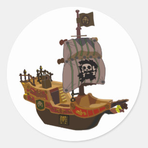 Sticker Rond Navire Pirate avec Drapeau à Crâne