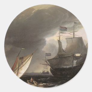 Sticker Rond Navires néerlandais sur une mer orageuse C. 1690