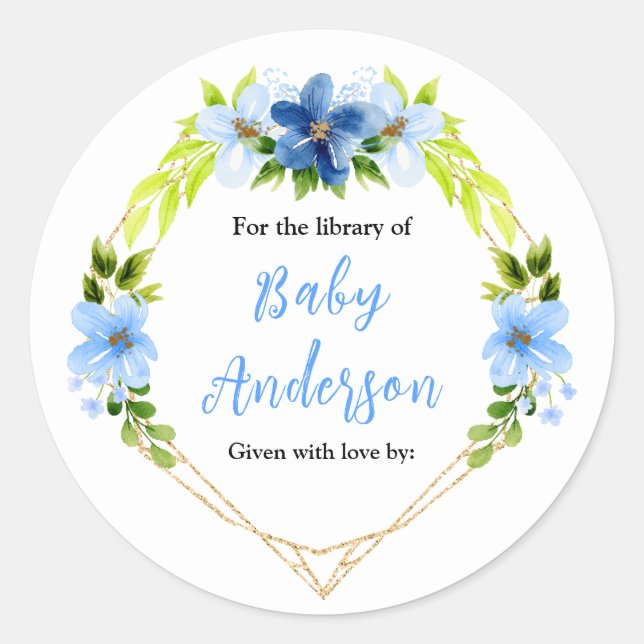Sticker Rond Navy and Baby Blue Floral Baby Shower Bookplate (Devant)