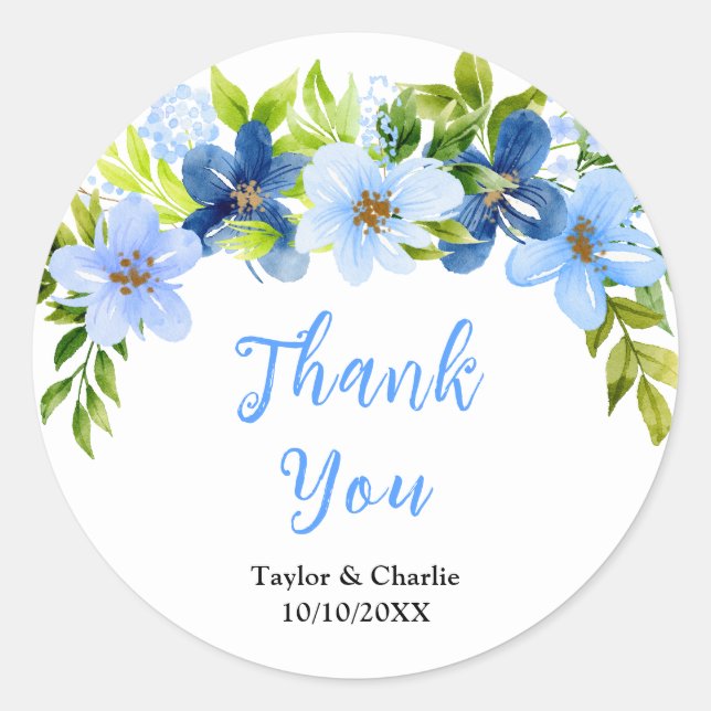 Sticker Rond Navy and Baby Blue Floral Wedding Thank You (Devant)