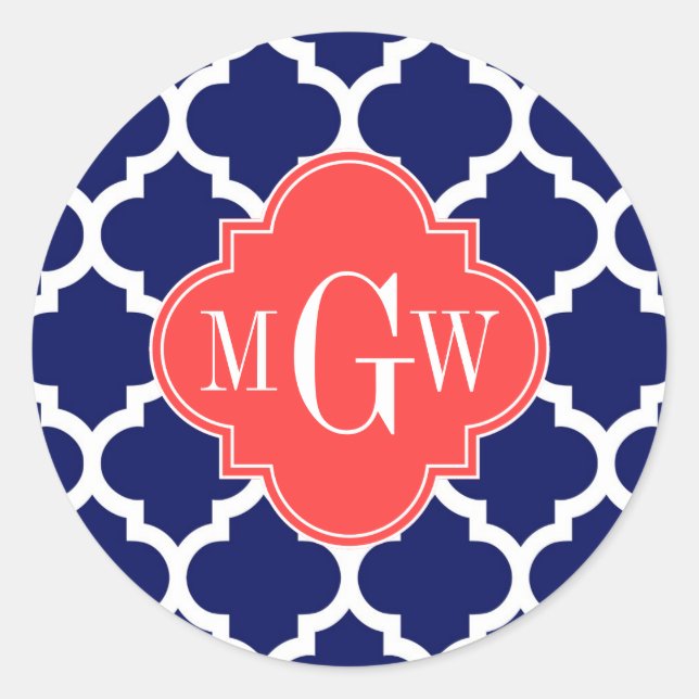 Sticker Rond Navy Blanc Marocain #5 Corail Rouge 3 Initiale Mon (Devant)