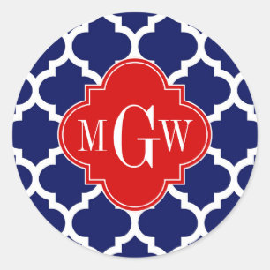 Sticker Rond Navy Blanc Marocain #5 Rouge 3 Initial Monogramme