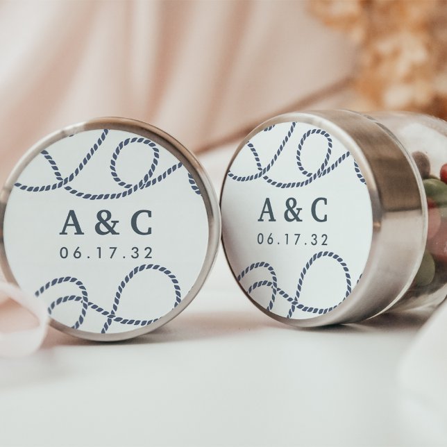 Sticker Rond Navy & Blanc | Monogramme de mariage marin (Créateur téléchargé)