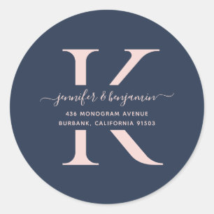 Sticker Rond Navy Blue and Blush Script Monogramme Adresse de r