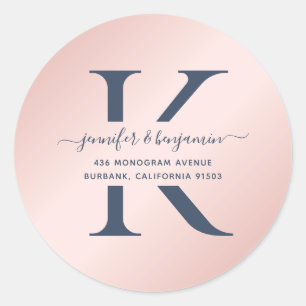 Sticker Rond Navy Blue and Blush Script Monogramme Adresse de r