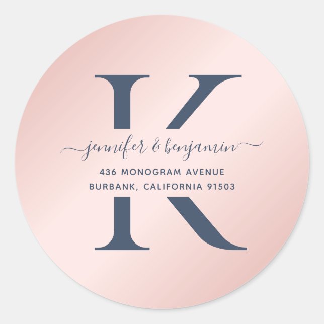 Sticker Rond Navy Blue and Blush Script Monogramme Adresse de r (Devant)