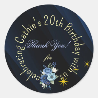 Sticker Rond Navy Blue and Gold Floral 20th Birthday Favor Stic