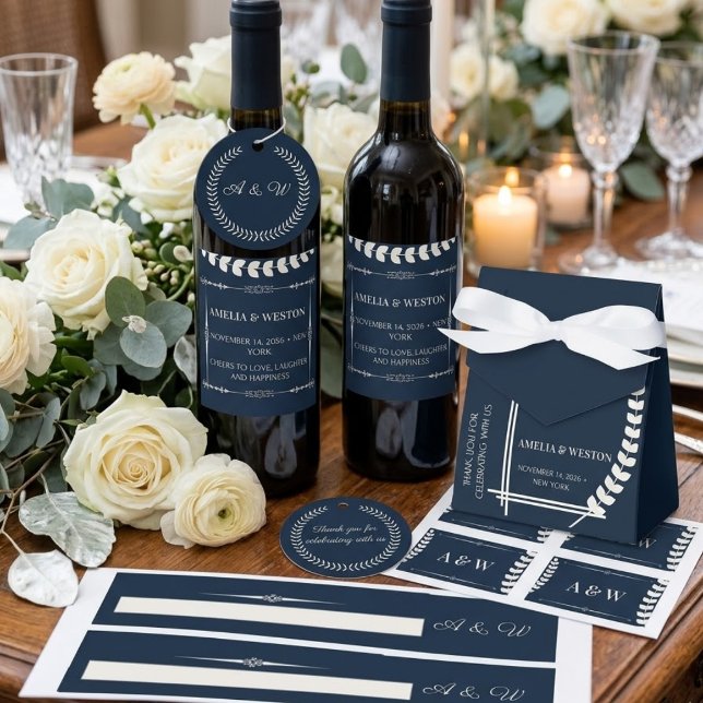 Sticker Rond Navy Blue and Ivory Elegant  Monogram Wedding (Créateur téléchargé)