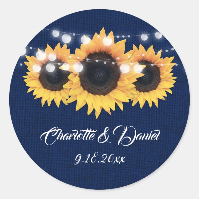 Sticker Rond Navy Blue Burlap String Lights Sunflower Wedding (Devant)