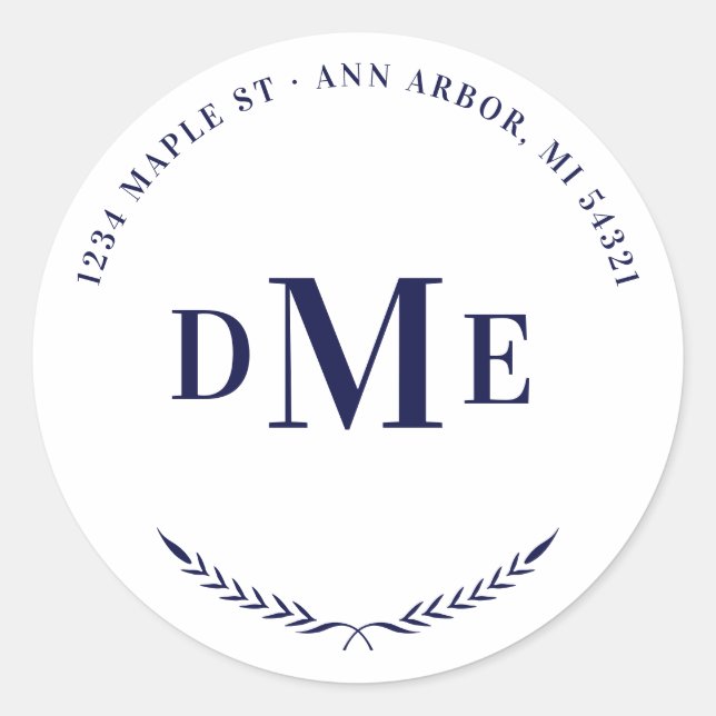 Sticker Rond Navy Blue Classic Monogramme Adresse de retour (Devant)