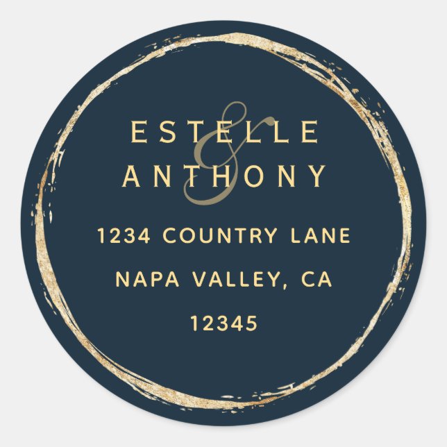 Sticker Rond Navy Blue Rustic Gold Ampersand Adresse de retour