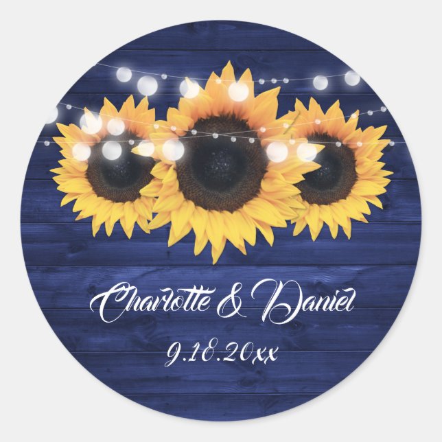 Sticker Rond Navy Blue Rustic Wood Lights Sunflower Wedding (Devant)