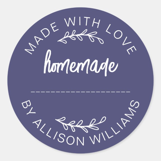 Sticker Rond Navy Blue Script Made With Love Homemade Food Jar (Devant)