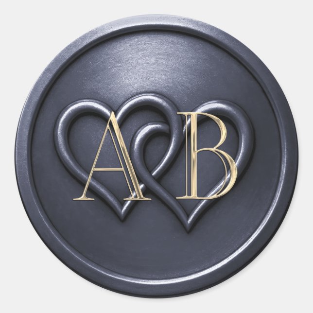 Sticker Rond Navy Blue Two Hearts Intertwined Monogram Wedding (Devant)