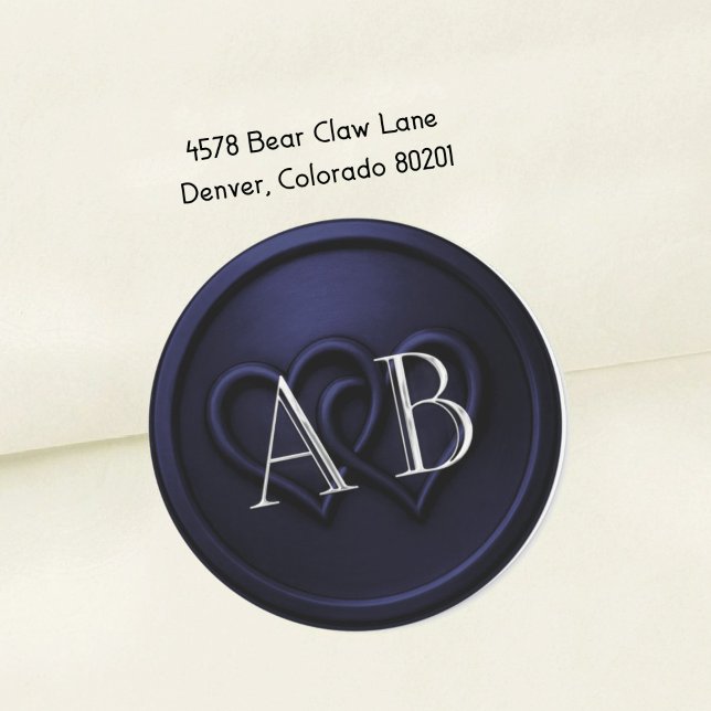Sticker Rond Navy  Blue Two Hearts Silver Monogram Wedding 2 (Créateur téléchargé)