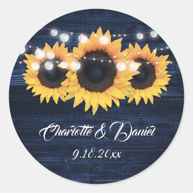 Sticker Rond Navy Blue Wood String Lights Sunflower Wedding (Devant)