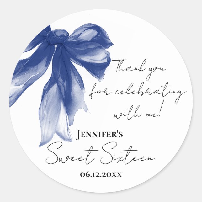 Sticker Rond Navy Bow Coquette Script Merci pour votre Sweet 16 (Devant)