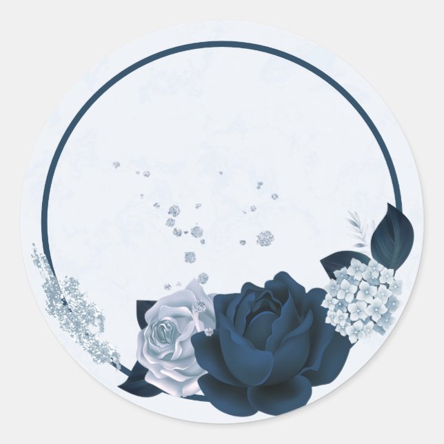 Sticker Rond navy & fleurs bleues poussiéreuses merci (Devant)