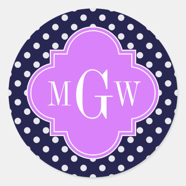 Sticker Rond Navy White Polka Dots Lilac Quatrefoil 3 monogram (Devant)