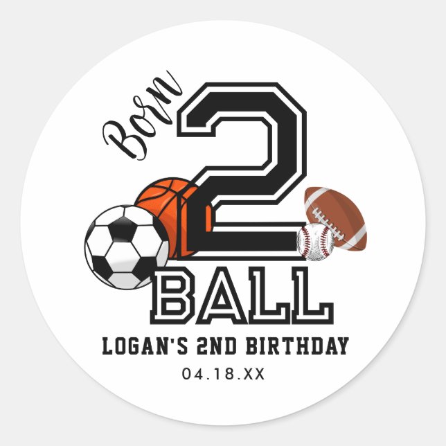 Sticker Rond Né 2 Ball Sports Thème Boy's 2nd Birthday Party (Devant)