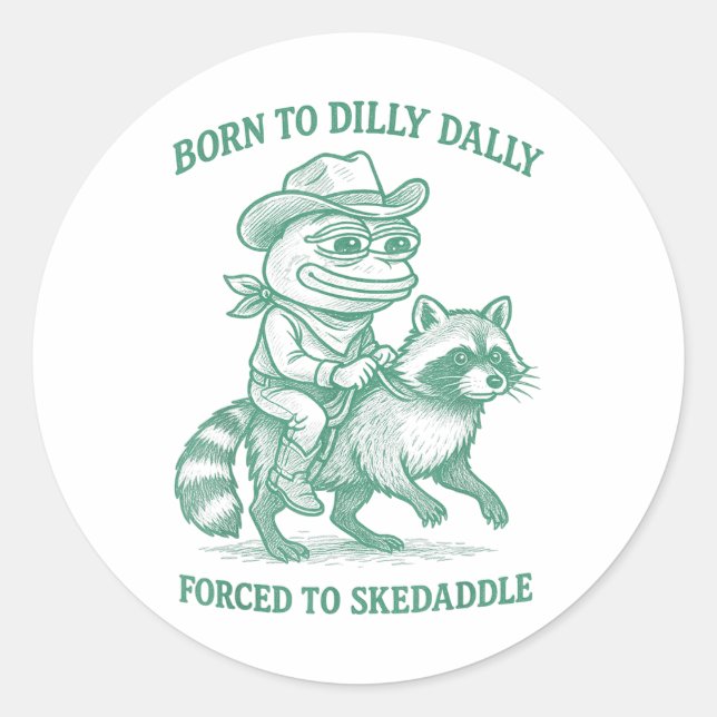 Sticker Rond Né À Dilly Dally Contraint À Skedaddle Frog Cowbo (Devant)
