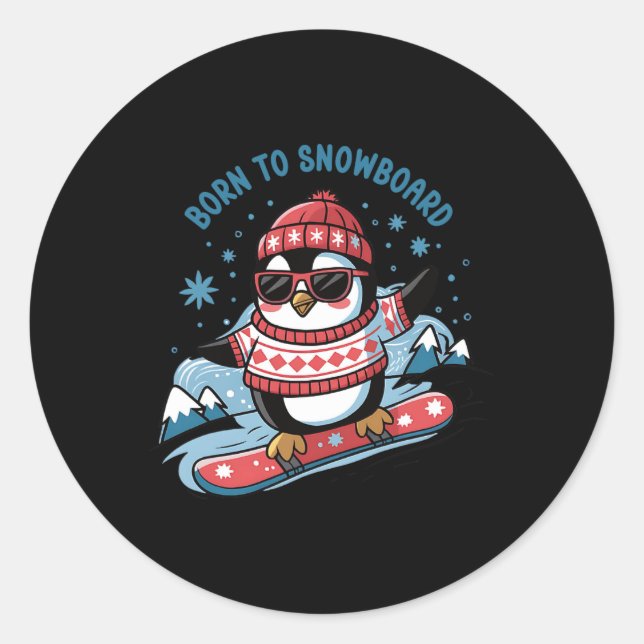 Sticker Rond Né À Snowboard Shirt Cool Penguin Snowboard (Devant)