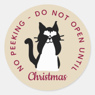 Sticker Rond Ne pas ouvrir avant Noël Peekaboo Kitty Cat