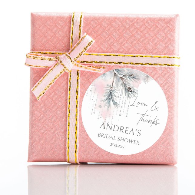 Sticker Rond Neige d'amour faveur de douche de mariée d'hiver (Snow in love winter bridal shower favor sticker watercolor pastel snowy pines thank you stickers)