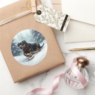 Sticker Rond Neige de Noël Rottweiler hiver Oreiller