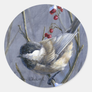 Sticker Rond Neige d'hiver de Chickadee et de baies