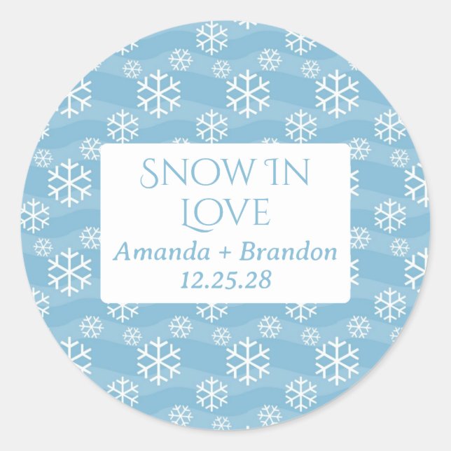 Sticker Rond Neige en amour mariage d'hiver bleu (Devant)