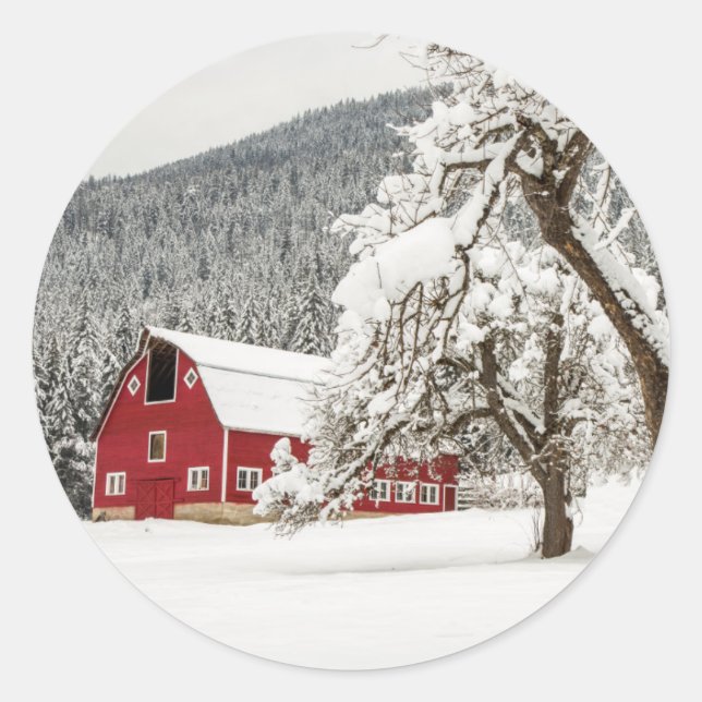 Sticker Rond Neige fraîche sur grange rouge (Devant)