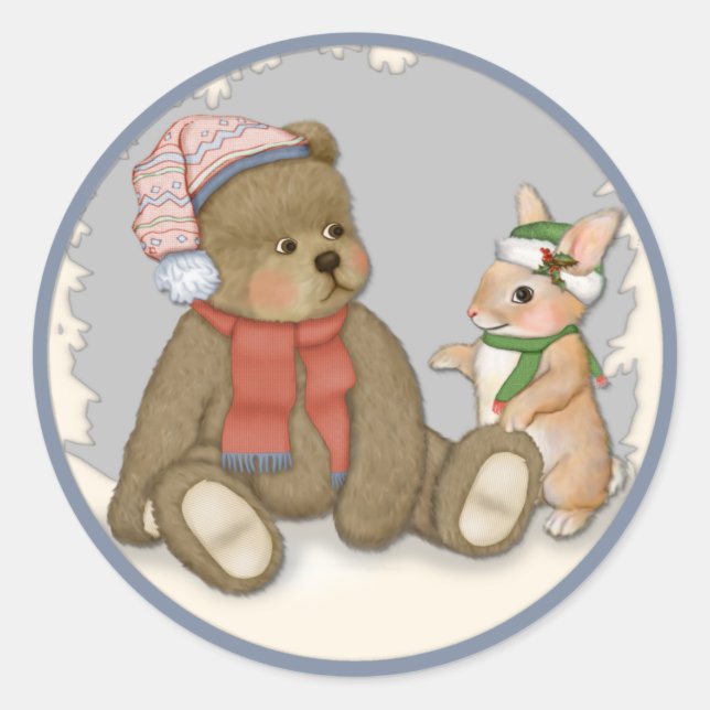 Sticker Rond Neige Noël Teddy et Bunny (Devant)