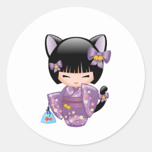 Sticker Rond Neko Kokeshi Poupée - Cat Ears Geisha Girl
