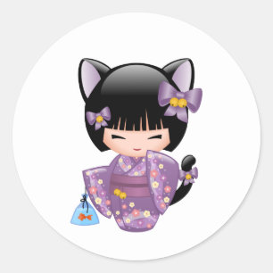 Sticker Rond Neko Kokeshi Poupée - Cat Ears Geisha Girl