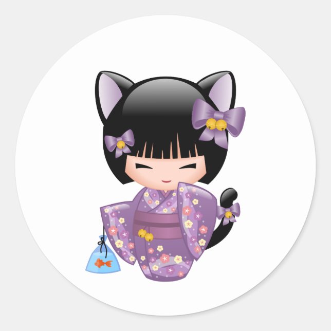 Sticker Rond Neko Kokeshi Poupée - Cat Ears Geisha Girl (Devant)