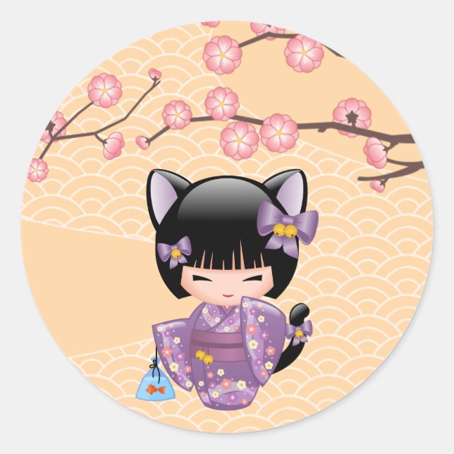 Sticker Rond Neko Kokeshi Poupée Chat Oreilles Geisha Fille Jau (Devant)