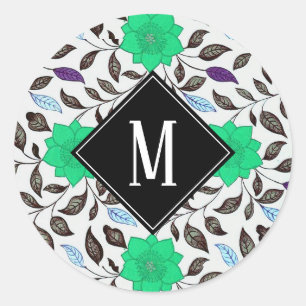 Sticker Rond Neo Mint Vintage Floral Poppy Motif Monogramme