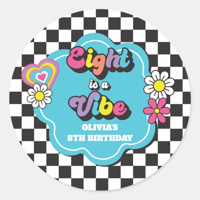 Sticker Rond Neon 90s Retro Eight est une Vibe 8e anniversaire (Devant)